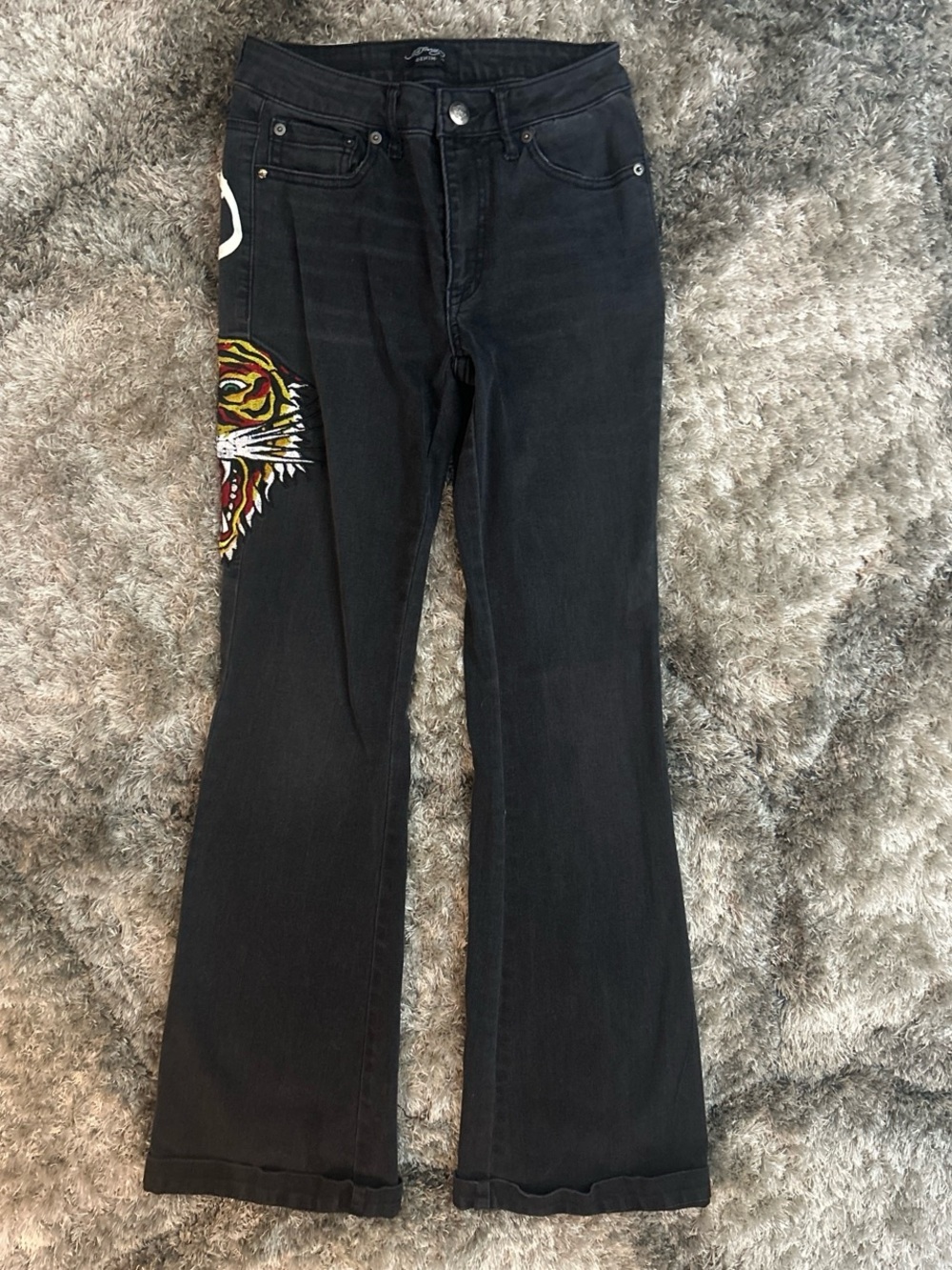 Ed Hardy Black Flare Jeans with Embroidered Tiger